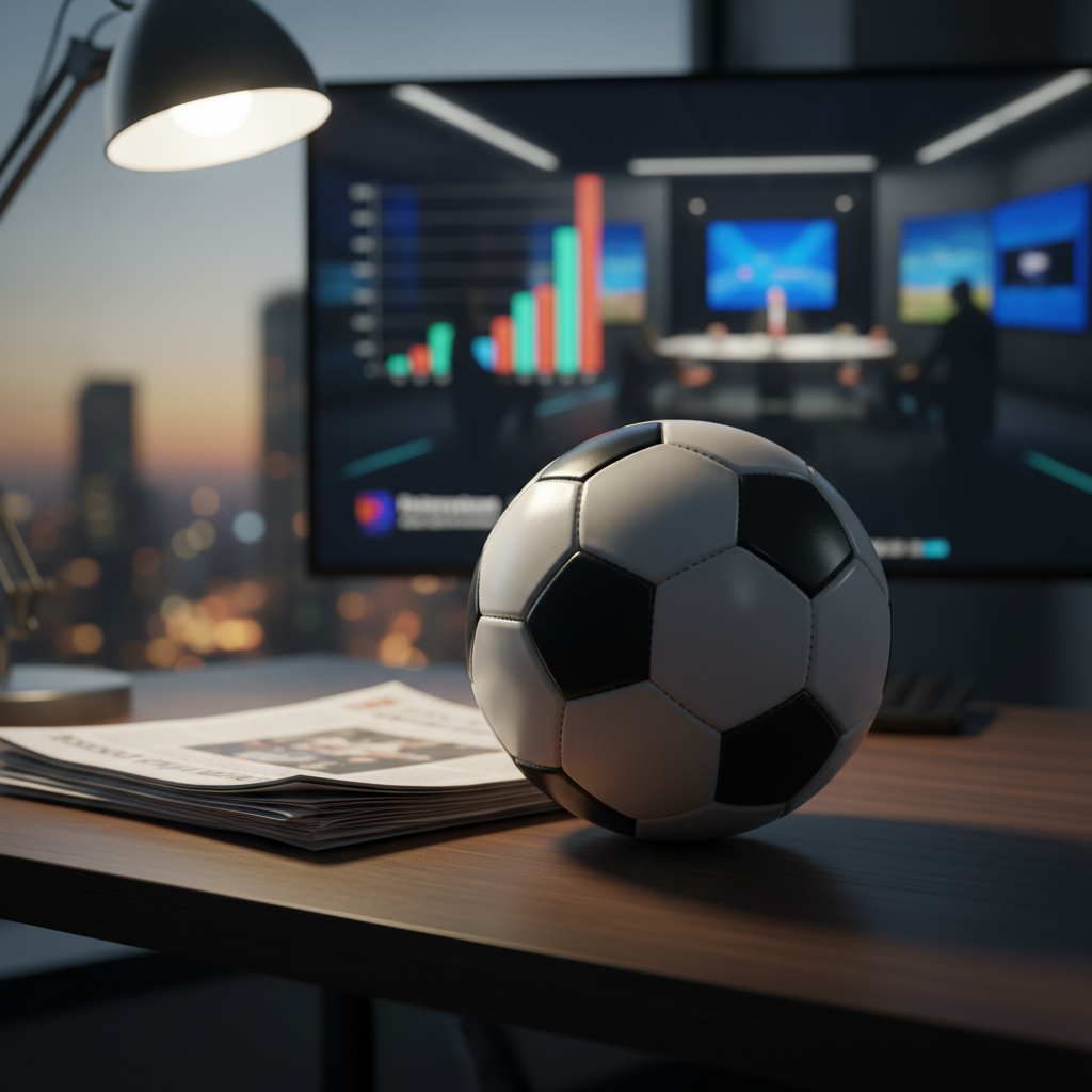 Un ballon de football professionnel aux coutures détaillées, posé au centre d’un bureau contemporain en bois sombre, à côté d’une pile de journaux soigneusement empilés dont on ne distingue aucun titre. Un écran plat en arrière-plan affiche des graphiques colorés et des silhouettes de plateaux télévisés floutés, évoquant l’analyse médiatique sans montrer de personnes. Éclairage mixte : une lumière de bureau blanche éclaire le ballon et les journaux, tandis qu’une lueur chaude latérale rappelle la lumière de ville en soirée. Photographie en léger contre-plongée, profondeur de champ moyenne pour garder le ballon parfaitement net et l’arrière-plan légèrement flou. Ambiance sérieuse et analytique, style photographique réaliste et professionnel, couleurs sobres avec quelques accents vifs sur l’écran.
