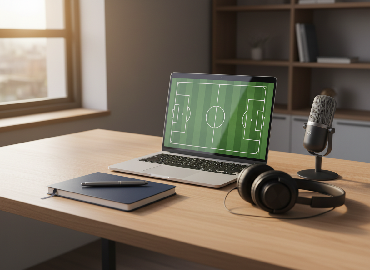 Une table de travail en bois clair impeccablement rangée, sur laquelle repose un ordinateur portable ouvert affichant un terrain de football stylisé sans texte lisible. Autour, un carnet de notes à couverture bleu nuit, un stylo métallique posé en travers, un casque audio fermé et un micro de podcast discret suggèrent l’analyse sportive et les médias. La lumière naturelle de fin d’après-midi entre par une grande fenêtre hors champ, créant des reflets doux sur l’aluminium de l’ordinateur et des ombres nettes mais légères. Photographie en plan légèrement plongeant, composition en règle des tiers, arrière-plan flouté avec quelques étagères de livres neutres. Atmosphère professionnelle, concentrée et crédible, esthétique réaliste, propre et moderne.