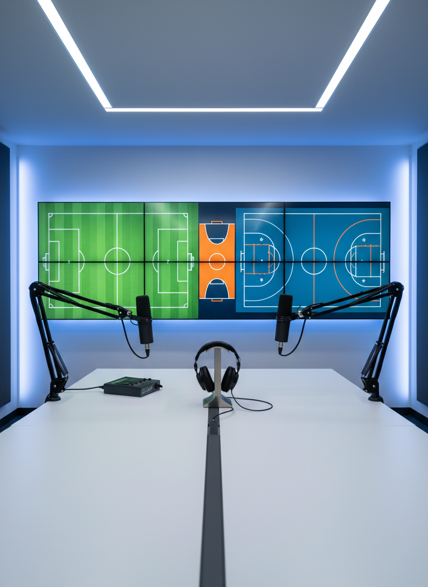 Un studio d’enregistrement minimaliste vu en plan large, avec une table blanche mate, deux micros de broadcast montés sur bras articulés, un enregistreur audio numérique et un casque posé sur un support métallique. Sur le mur du fond, plusieurs écrans affichent des terrains de différentes disciplines (soccer, basket, hockey) en graphiques stylisés, sans texte ni joueurs humains, suggérant des débats sportifs et l’actualité. Lumière de néon blanc doux au plafond, complétée par une lueur bleutée provenant des écrans, créant un contraste moderne. Photographie à l’horizontale, composition symétrique, netteté sur toute l’image. Atmosphère calme mais studieuse, évoquant un lieu de réflexion et de journalisme sportif, esthétique high-tech, propre et crédible.