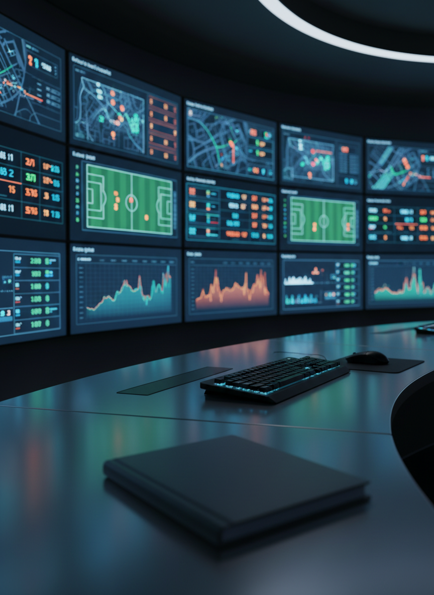 Un grand mur d’écrans dans une salle de rédaction moderne, chacun affichant des interfaces graphiques de scores, de cartes de terrain stylisées et de courbes de données, sans aucune image humaine ni texte lisible. Au premier plan, une table de contrôle en métal brossé avec un clavier, une souris et un petit carnet fermé gris anthracite. Éclairage tamisé, dominé par la lumière froide et vibrante des écrans qui dessine des reflets sur le métal et le plastique. Photographie en légère contre-plongée, profondeur de champ contrôlée pour garder la console nette et les écrans légèrement flous mais lisibles. Atmosphère dynamique mais maîtrisée, évoquant la veille de l’actualité sportive, esthétique technologique, réaliste et professionnelle.