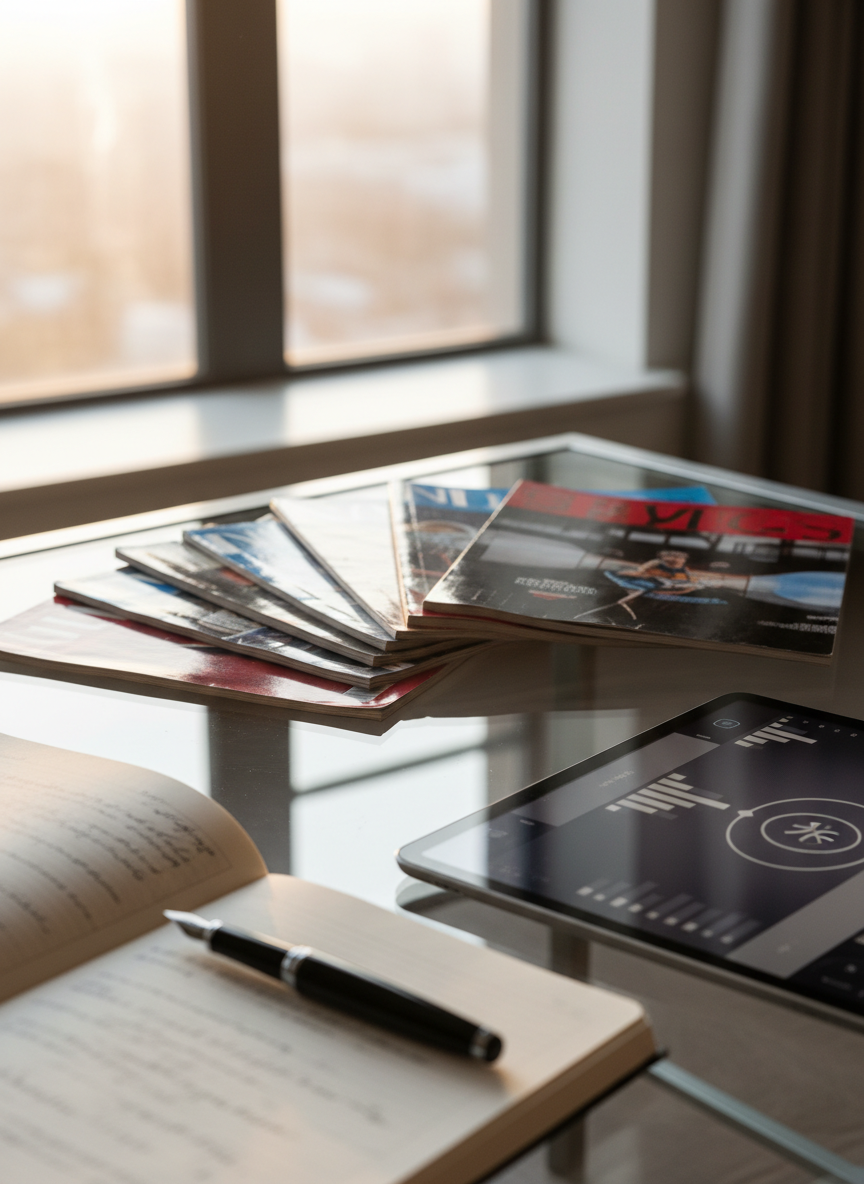 Une pile de magazines sportifs à la couverture abstraite, posée en éventail sur une table basse en verre, avec au premier plan un stylo plume noir brillant et un carnet ouvert rempli de lignes écrites illisibles. À côté, une tablette numérique affiche une interface avec des graphiques de statistiques et un terrain de basket stylisé, floutés juste assez pour rester non identifiables. Éclairage de matinée douce provenant d’une fenêtre, créant des reflets subtils sur le verre et la tablette, et de légères ombres des magazines. Photographie en vue à hauteur de table, composition en diagonale menant l’œil du stylo vers la tablette. Ambiance réflexive, entre tradition papier et nouveaux médias, style photographique réaliste et professionnel, couleurs neutres avec quelques touches de rouge et de bleu sportif.