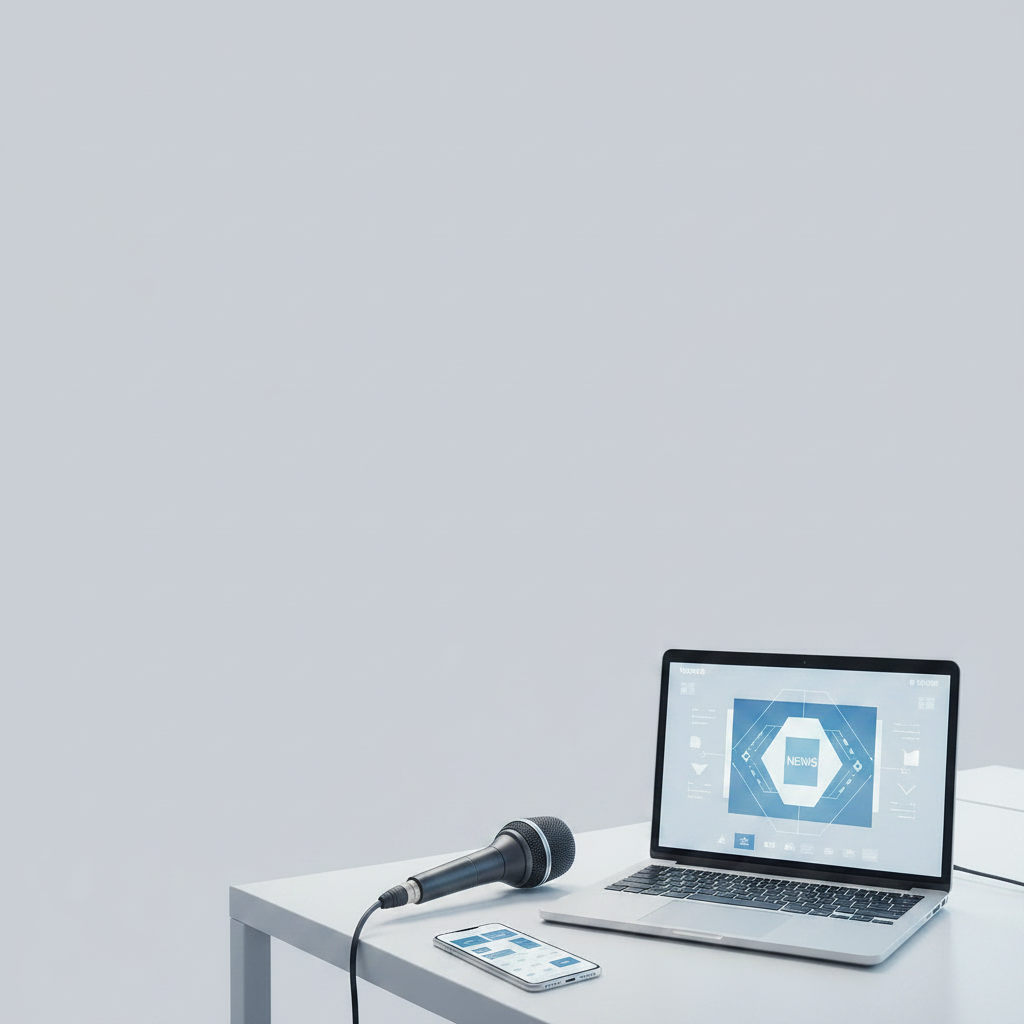 Image éditoriale minimaliste illustrant les médias et l'information : fond clair et épuré, grand espace négatif blanc ou gris très pâle. Au centre, un bureau simple avec un ordinateur portable affichant une interface d’actualité abstraite sans texte lisible, un micro de reportage posé à côté et un smartphone montrant un flux stylisé. Pas de personnes visibles. Composition très épurée, lignes nettes, palette restreinte (blanc, gris, bleu doux), lumière naturelle douce, style contemporain minimaliste, ambiance sérieuse et professionnelle.